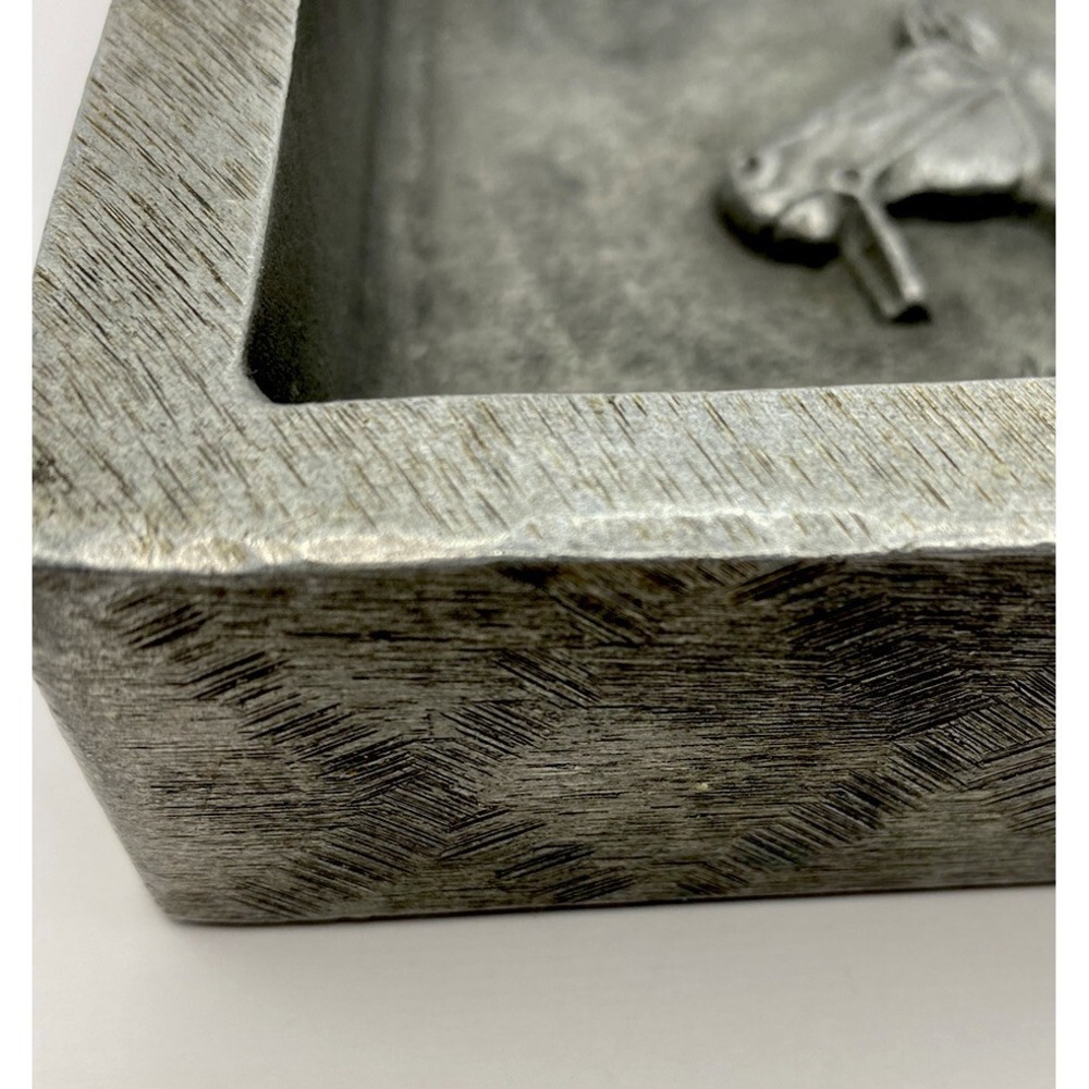 Vintage Signed Equestrian Horse Head Cast Metal Square Ashtray Silver Tone Decor - Picture 3 of 6
